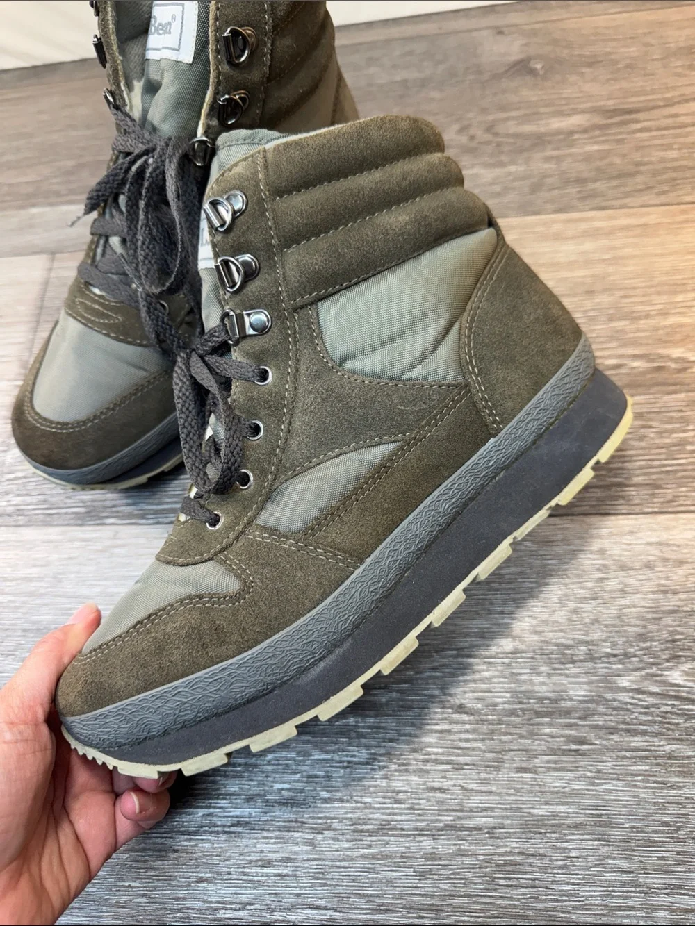 L.L. Bean Olive Green Suede and Textile Lace-Up Boots men’s size 9 (j262)